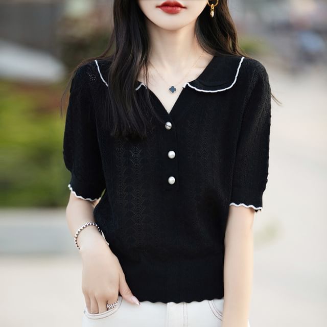 Cable Knit Top with Contrast Trim and Pearl Buttons