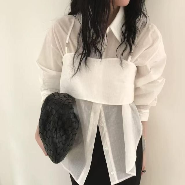 Two-Piece Set: Pinstripe Shirt and Crop Camisole