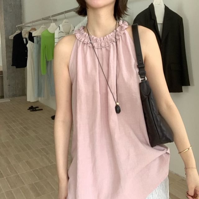 Frill Trim Halter Neck Solid Top