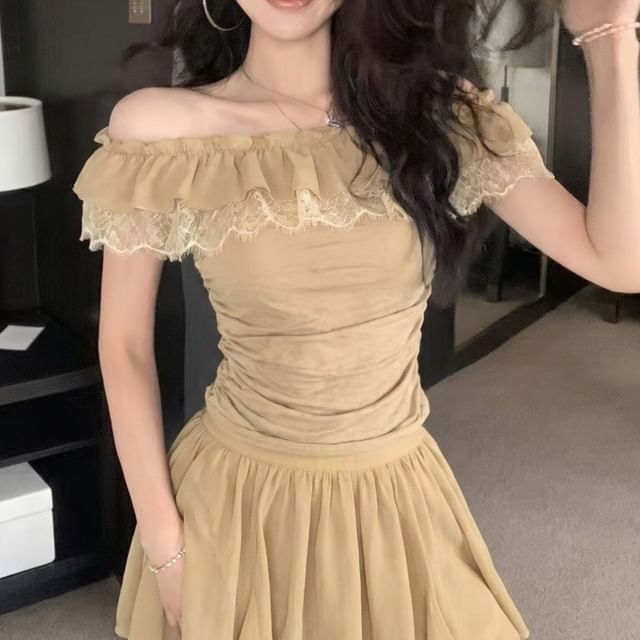 Off-Shoulder Ruffle Ruched Lace Top & Mini A-Line Skirt Set