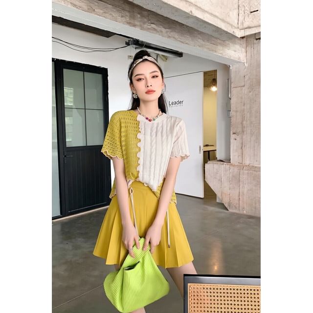 Perforated Knit Top and Pleated Skort Set
