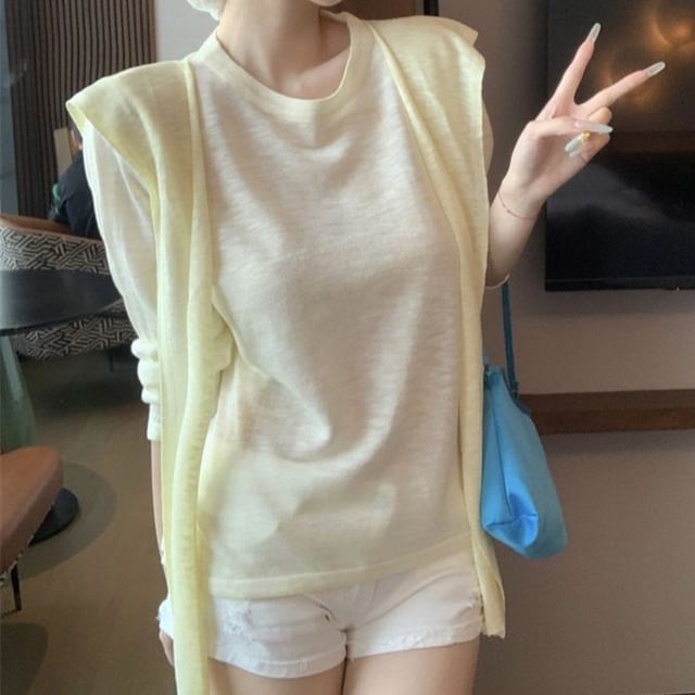 Striped Sheer Tee & Shawl Set - Crew Neck