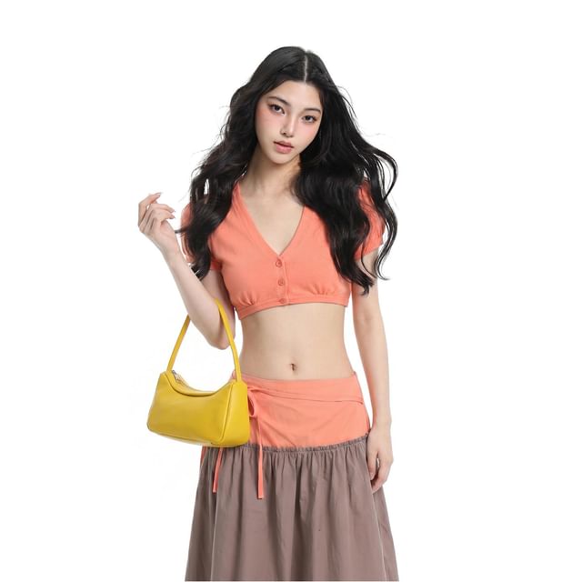 V-Neck Button-Up Crop Top & Two Tone Maxi A-Line Skirt