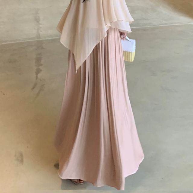 Chiffon Blouse & Midi A-Line Skirt Set - Puff Sleeve