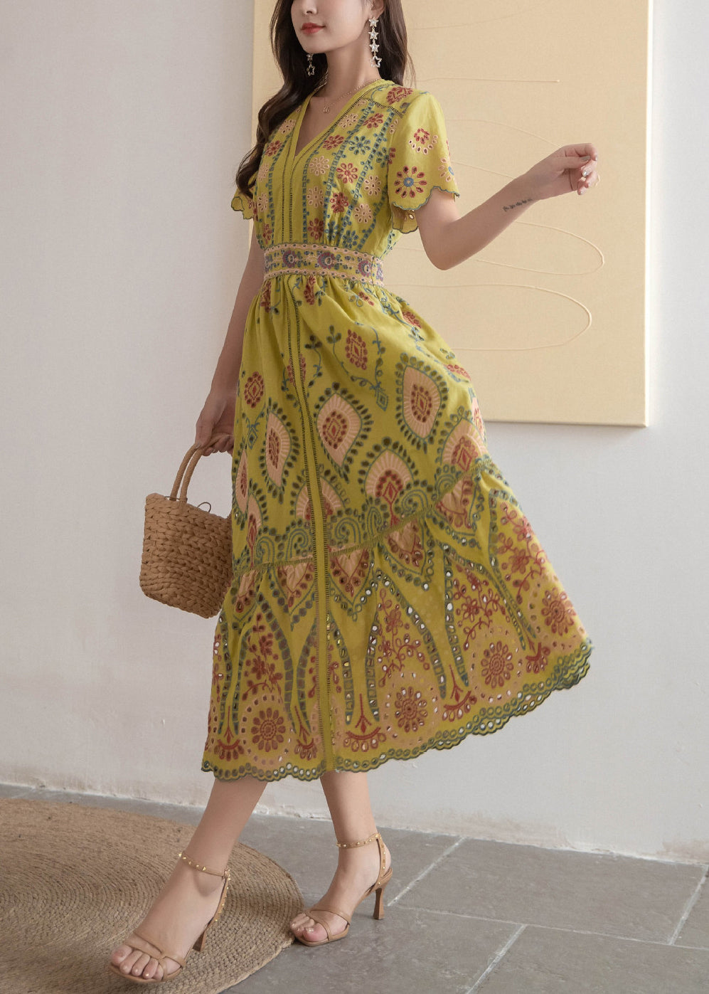 Dress Hollow High V Neck Long Yellow Out Waist Summer Cotton