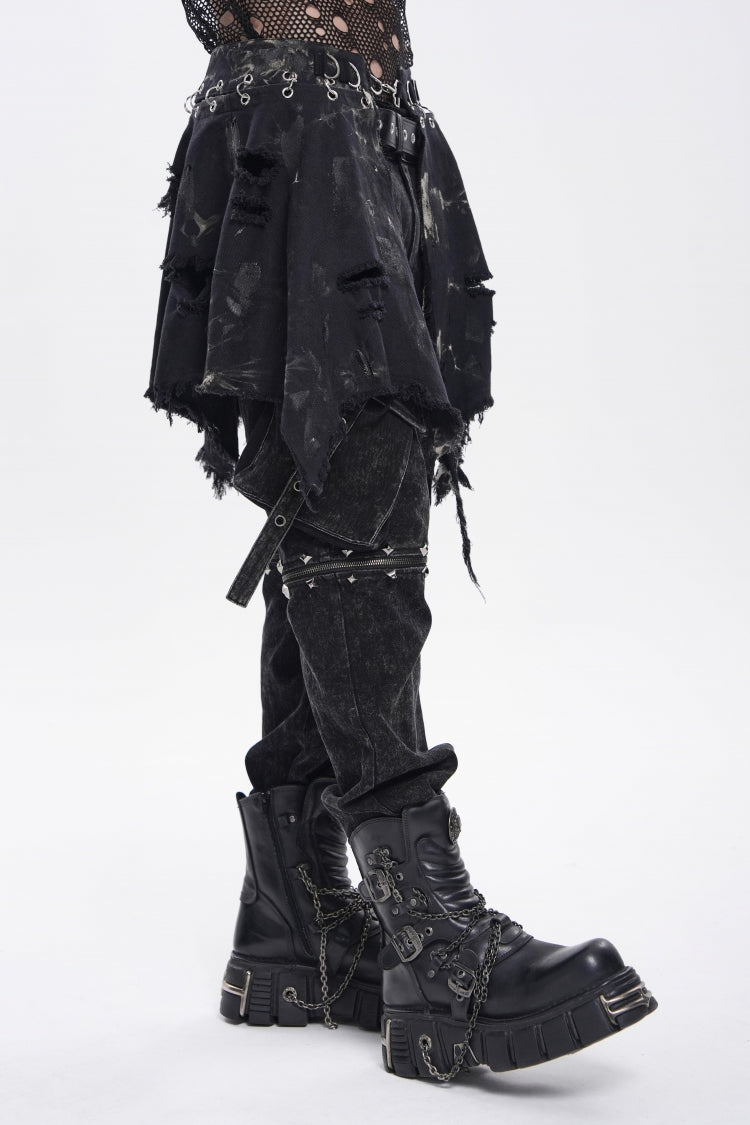 Punk Skirt for Men with Black Irregular Ripped Buckled Pleated Chain Design