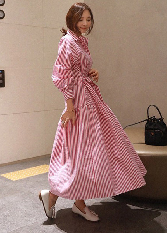 Pan Collar DIY Wrinkled Striped Waist Button Tie Peter Red Cotton