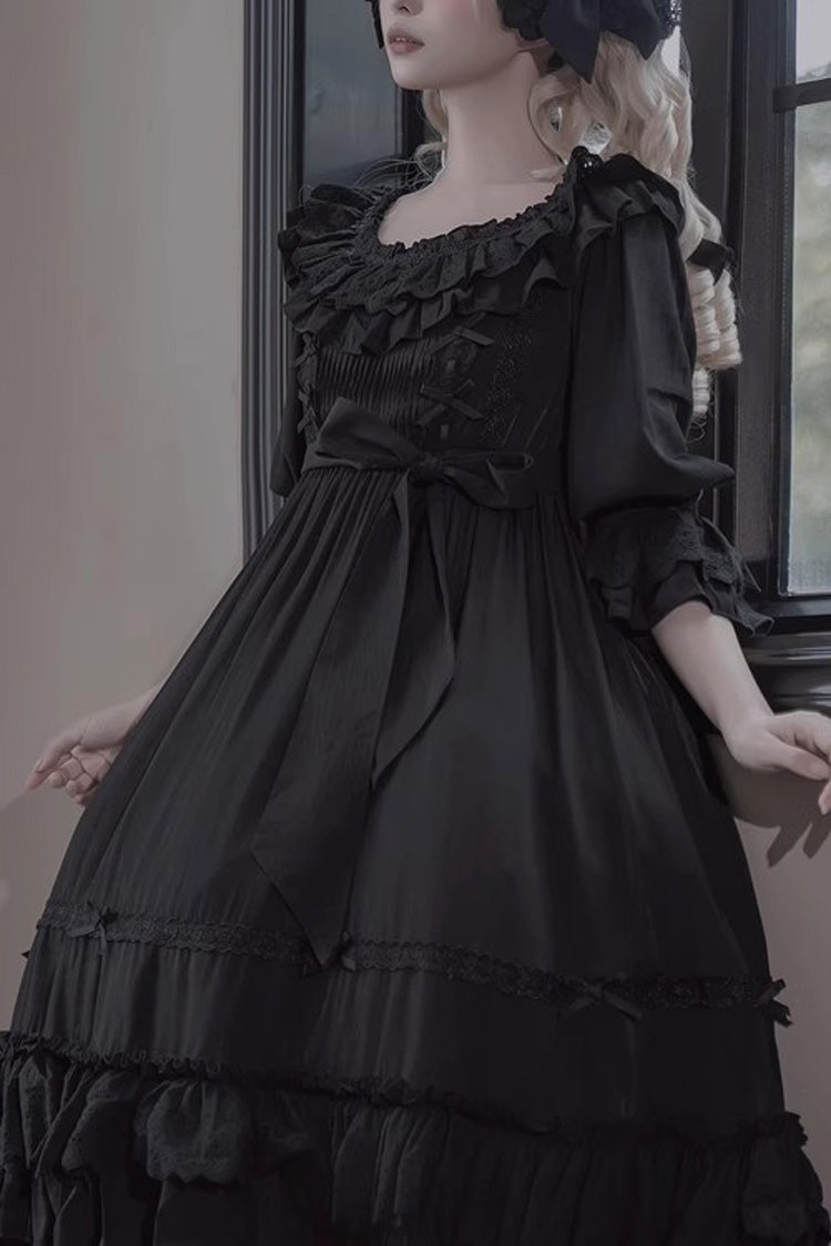 Ebony Short-Sleeve Ruffle Bow Lace-Up Gothic Dress - Good Morning