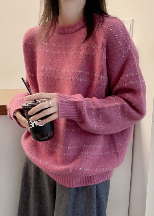 Pull en tricot de coton confortable à col rond Art Pink Automne QX029