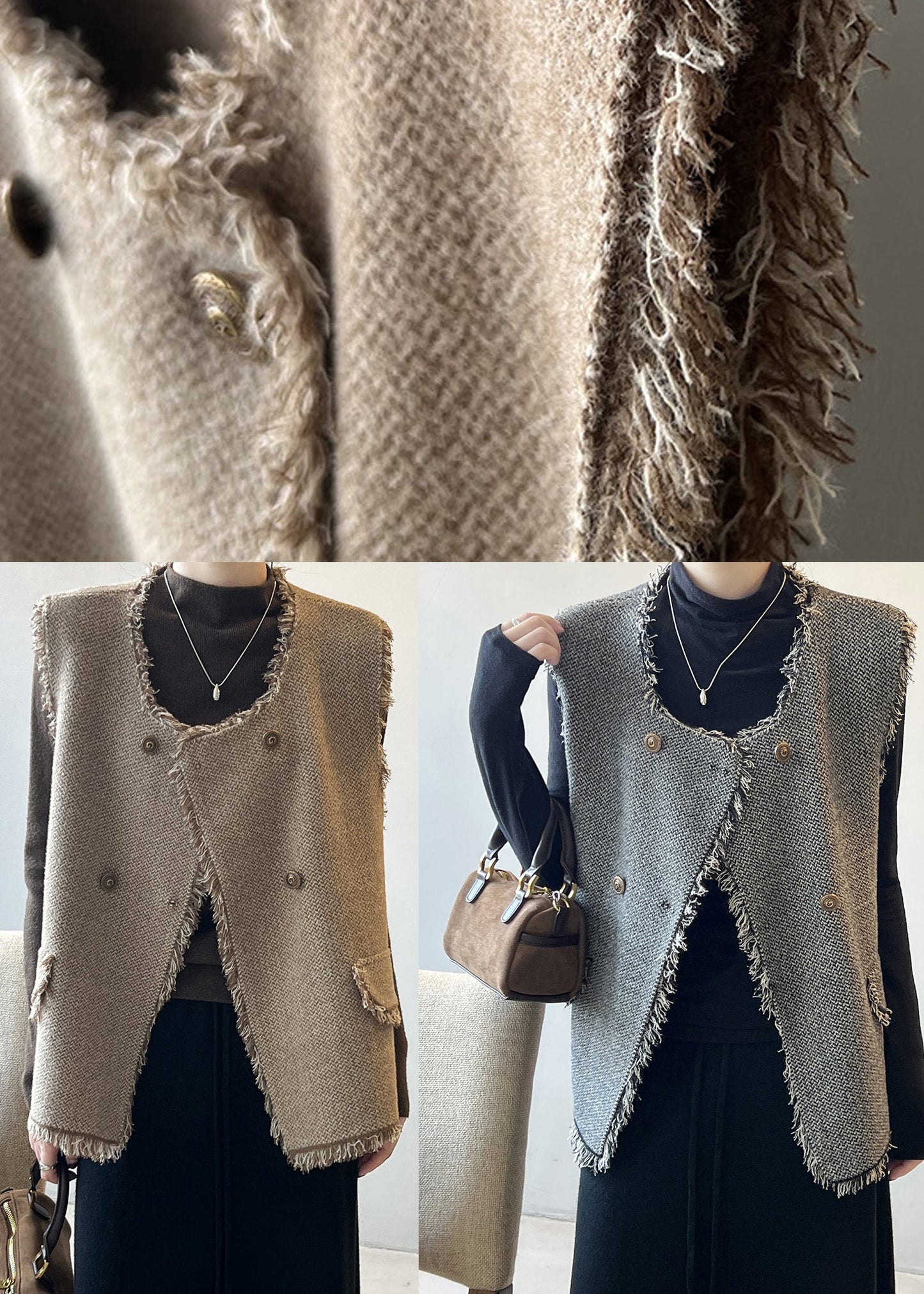 Kaffeefarbenes Strick-Oberteil mit Quasten und U-Ausschnitt, ärmellos, AF1033