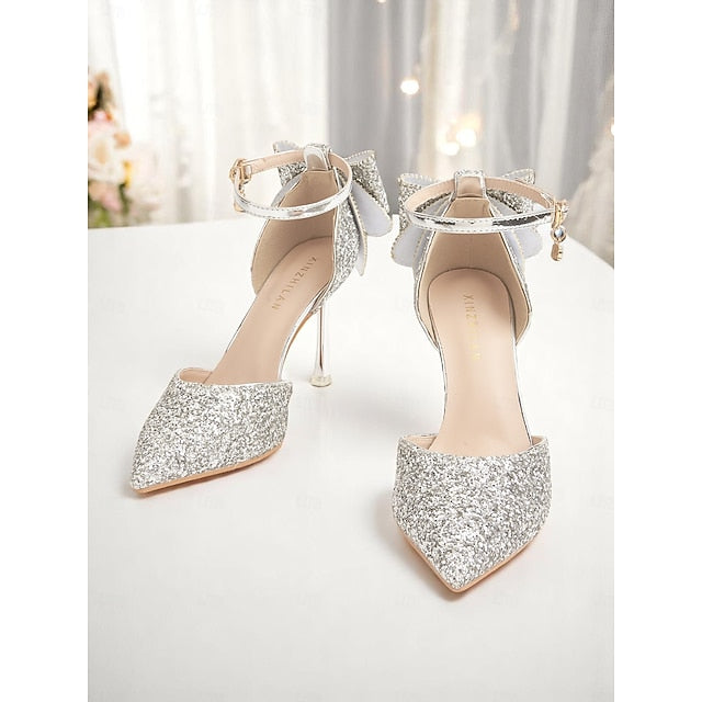 Toe - Bow Sparkly Heels Women's Silver Pointed Glitter