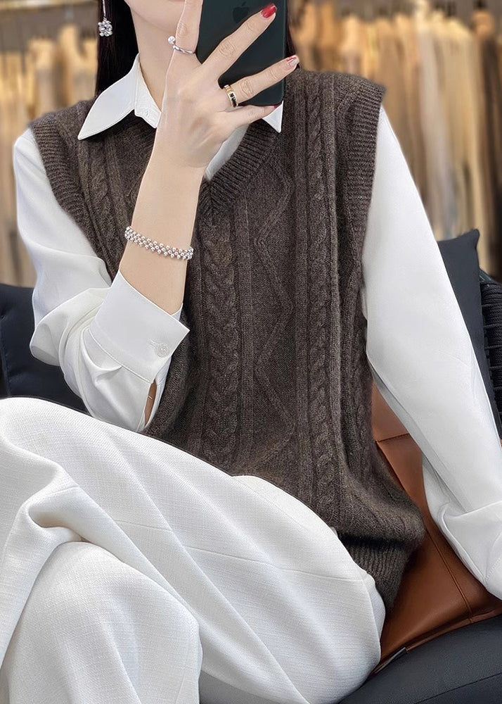 Gilet décontracté en laine torsadée épaisse à col en V Camel Automne QP042