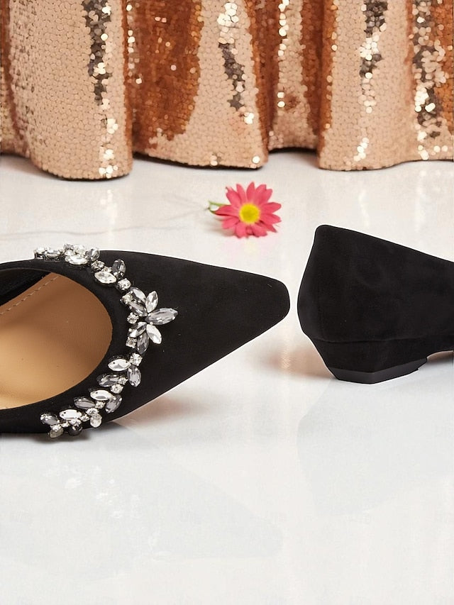 Toe Pointed Black Women's with Suede Flats Rhinestone