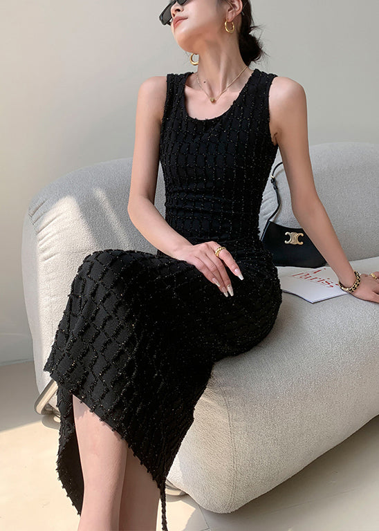 Neues schwarzes O-Ausschnitt-Kleid mit hoher Taille und ärmelloser Baumwolle EE063
