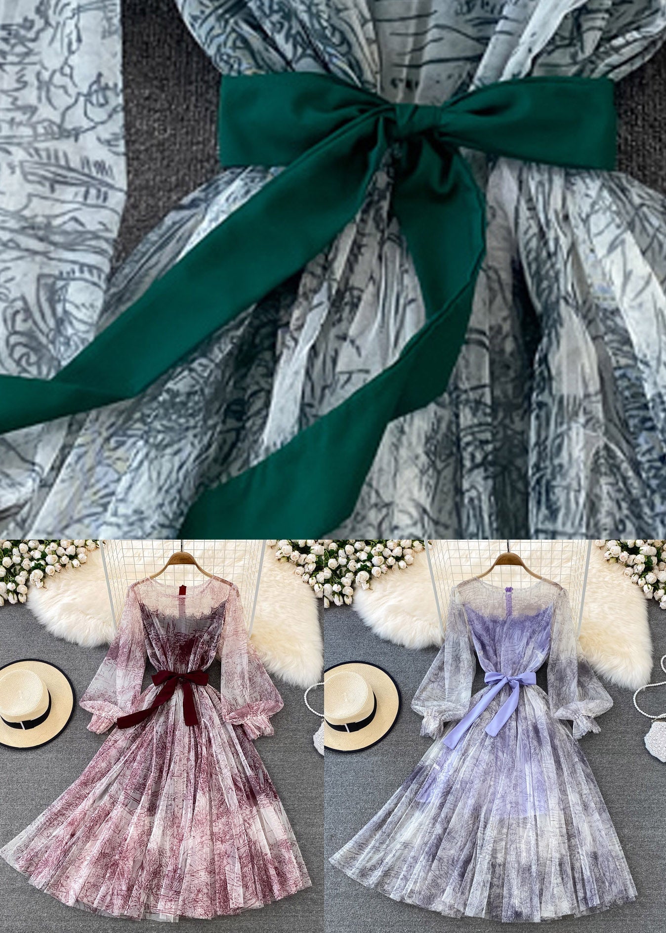 Lila O-Ausschnitt Schleife Tüll Langes Kleid Puffärmel AJ1038