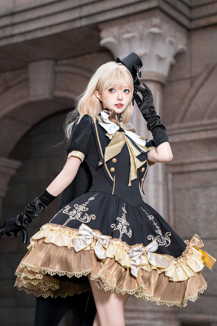 Ebony Short-Sleeve Double-Layered Embroidered Bow Gothic Dress - Gilded Oath