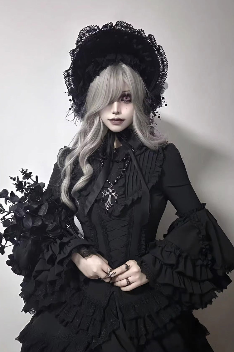 Ebony Flared Sleeve Tiered Lace-Up Bow Gothic JSK Ensemble - Immortal Phoenix