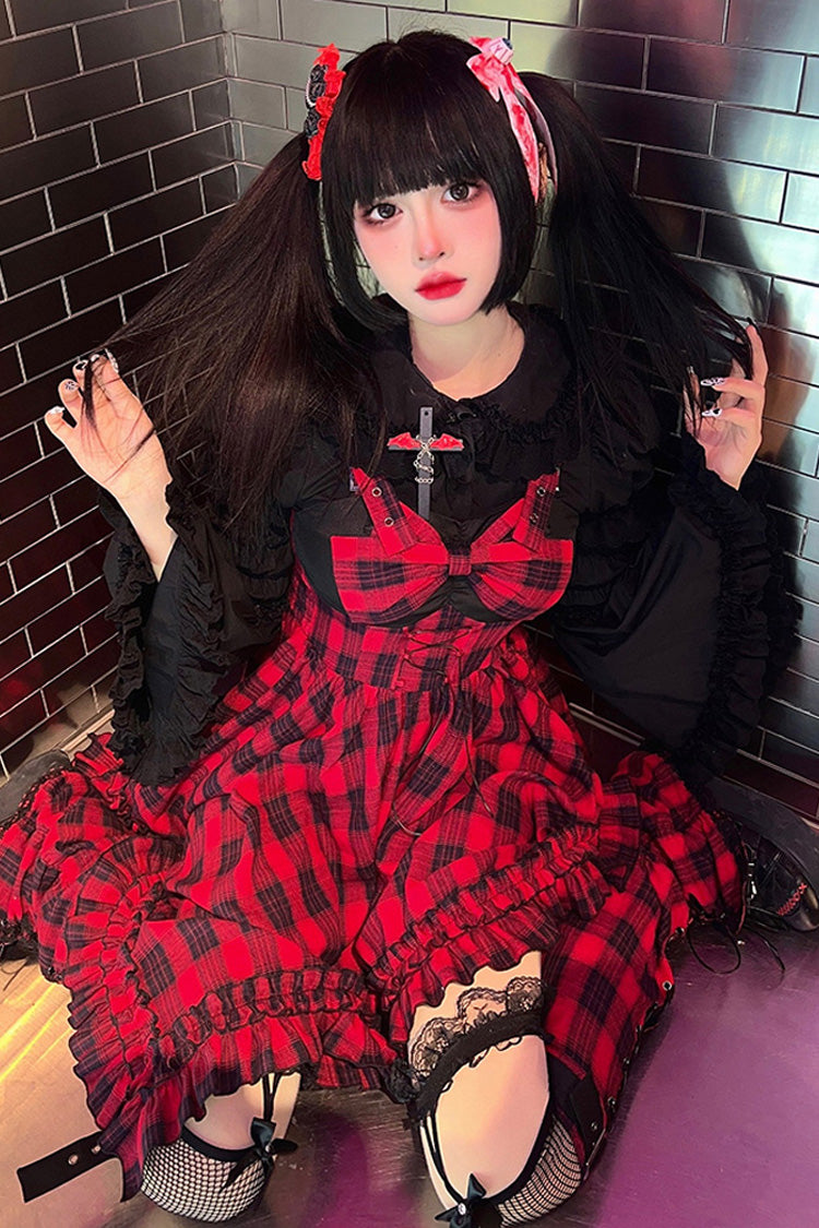Crimson Gothic Lolita JSK Dress with Irregular Plaid Print