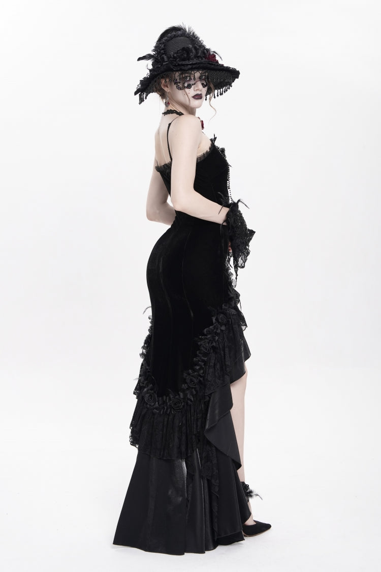 No-Sleeve Ruffled Floral Embroidered Chain Gothic Long Slip Dress