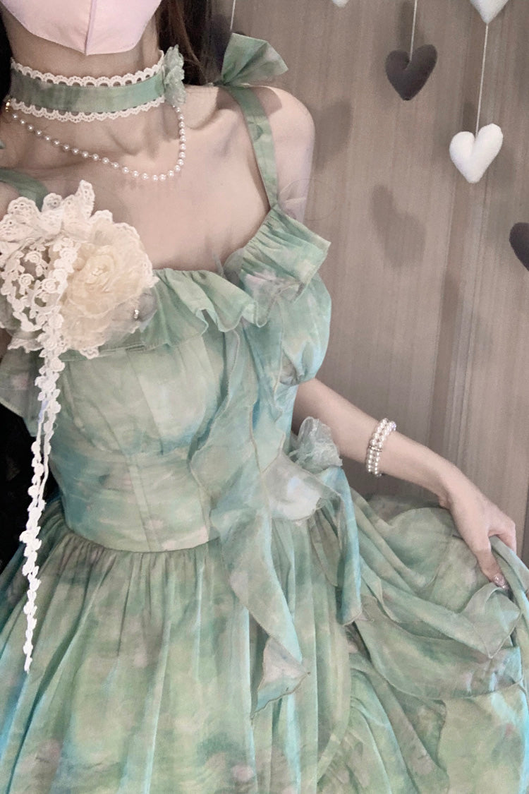 Emerald Print Ruffle Bow Sweet Lolita Long Jumper Dress