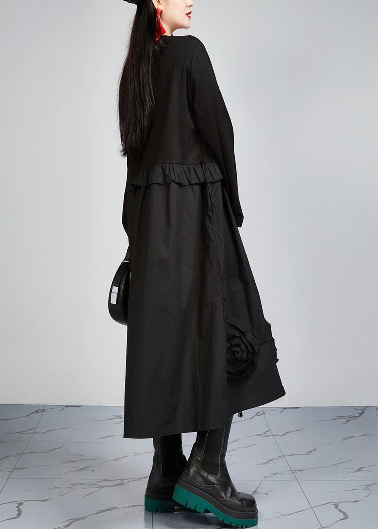 Robe patchwork en coton noir italien à col rond et poches à manches longues AR1026