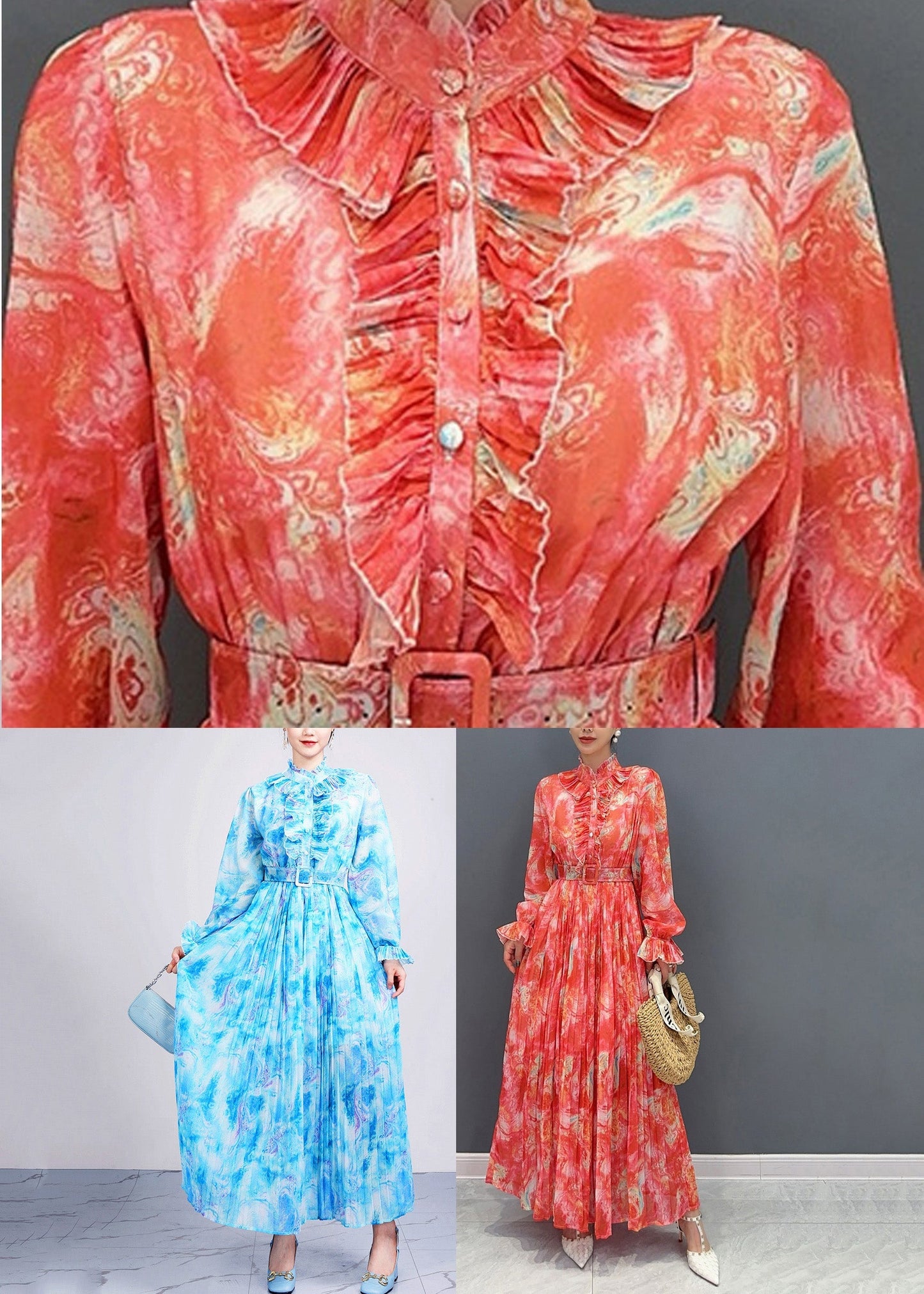 Collar Print Fashion Long Stand Chiffon Sashes Dress Red