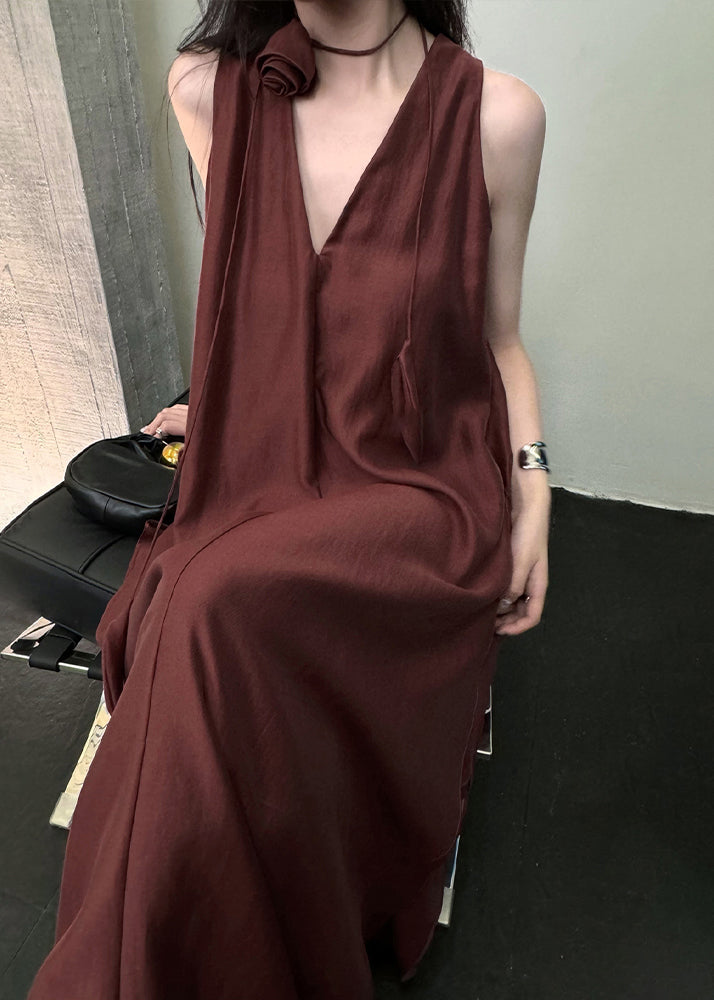 French Style Mulberry V Neck Silk Party Dress Sleeveless EE047