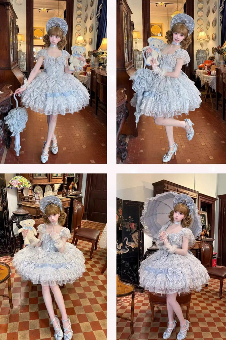 Azure Cloudborne Snowfeather Sleeveless Multi-Layered Hanayome Bow Pearl Gothic Lolita Jumper Dress