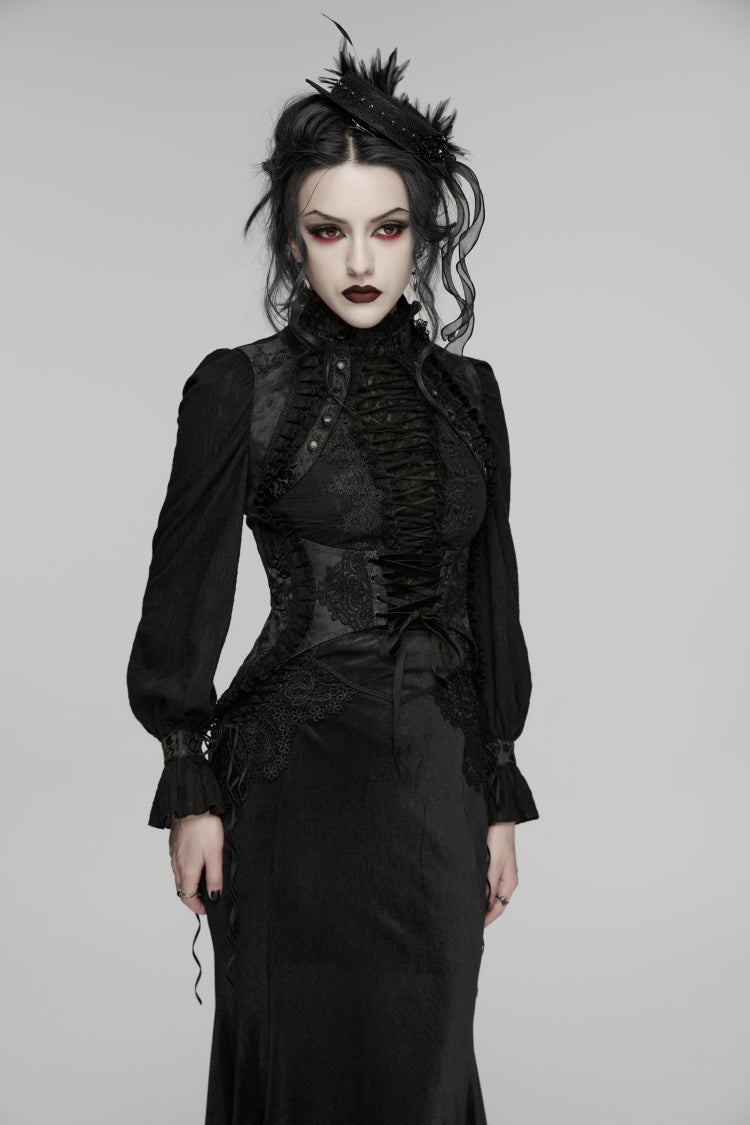 Gothic Slim Vest with Black Jacquard Embroidered Lace and Lace-Up Front