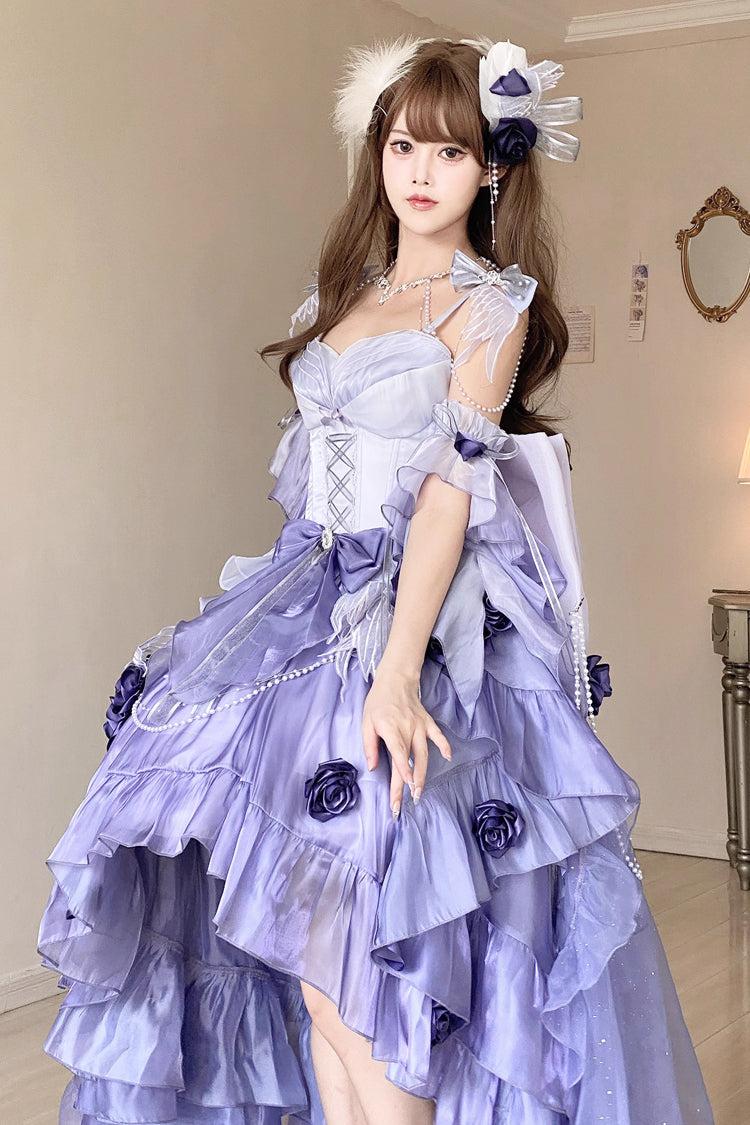 Irregular Sweet Ballet Lolita JSK Dress with Embroidery Bowknot Lace-Up in Misty Purple Swan Wonderland
