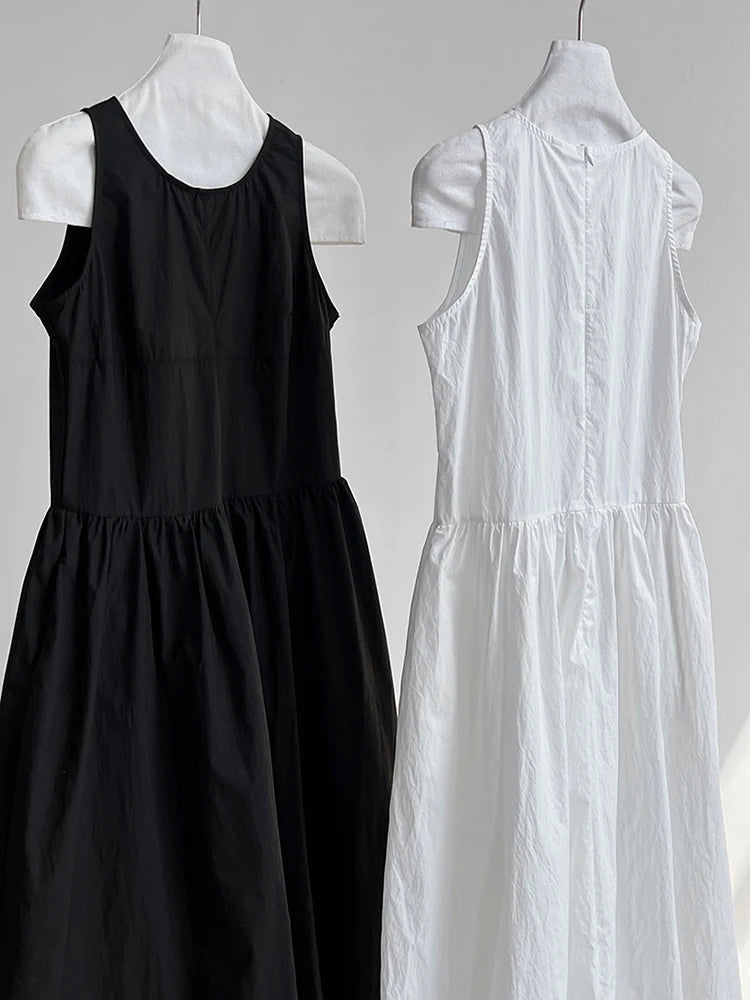 Patchwork O-neck Dress Simple Sleeveless Blue Puff Hem