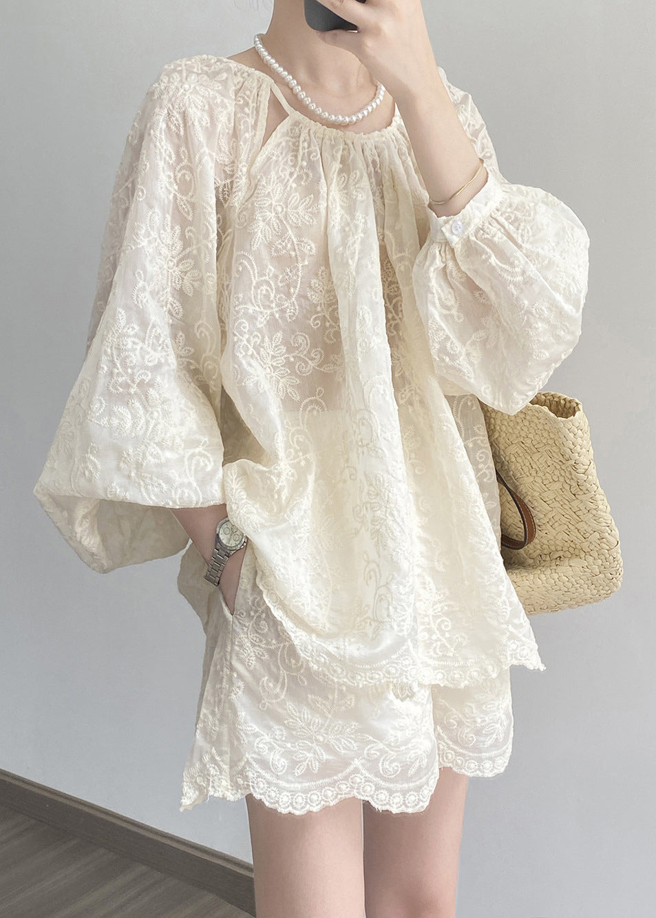 Spring Embroidered And Shorts Set Tops Two Piece Beige Art Cotton