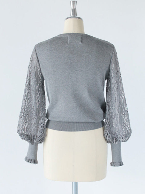 Tempermant Schwarzer Pullover mit Rundhalsausschnitt, Patchwork, hohler Spitze und langen Puffärmeln QX011