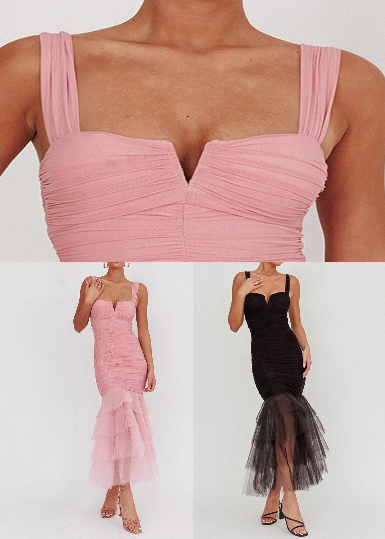 Dress Summer Spaghetti Strap Wrinkled Patchwork Black Tulle