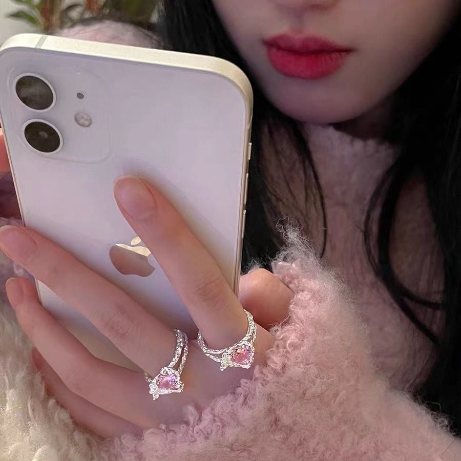 Pink Crystal Heart Adjustable Ring