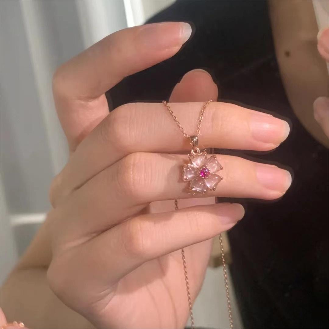 Pink Heart Cherry Blossom Pendant Necklace