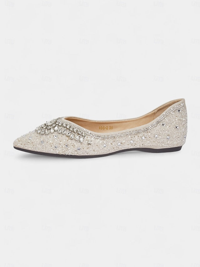 Women's Pointed Toe Silver Crystal Glitter with Flats