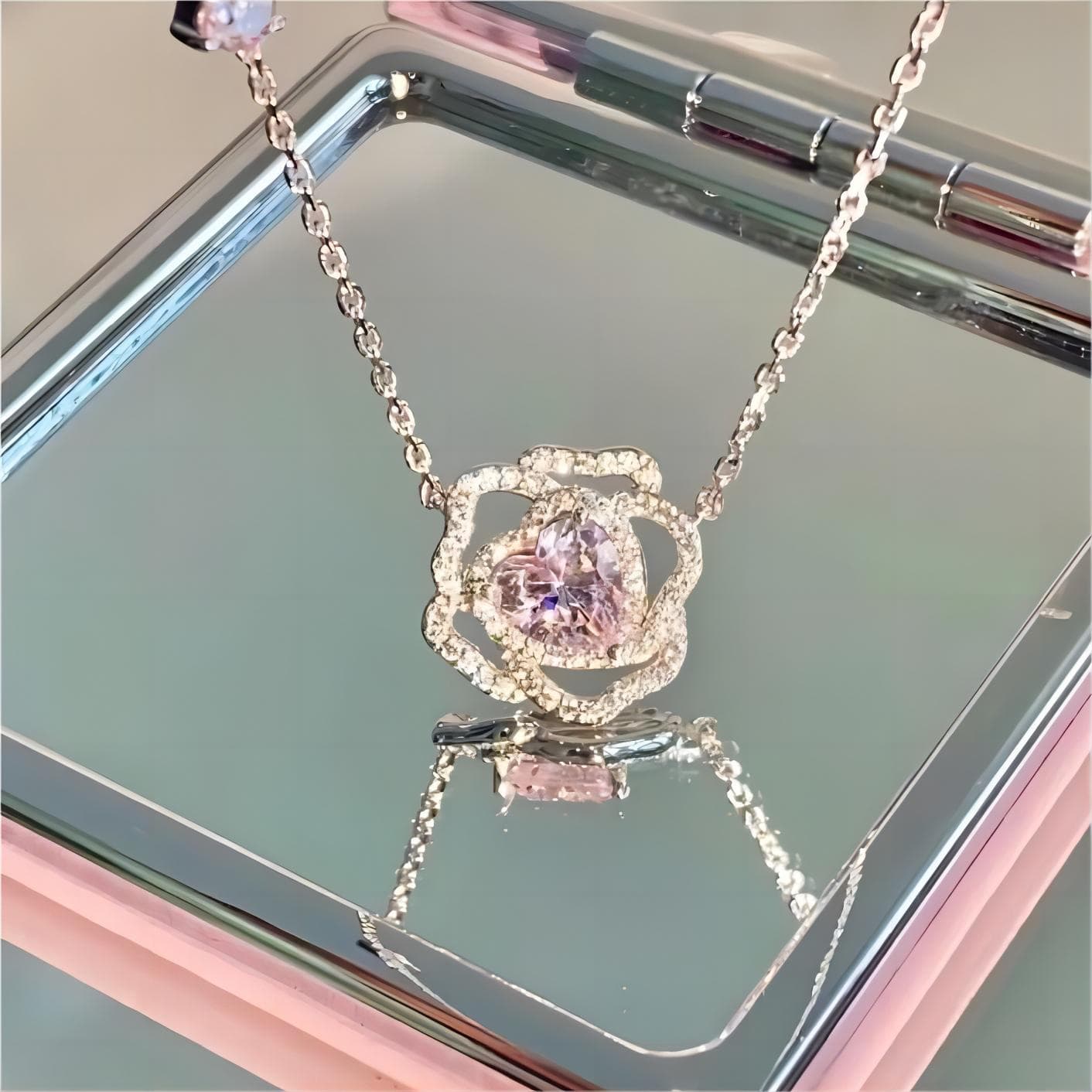 Pink Crystal Floral Heart Necklace