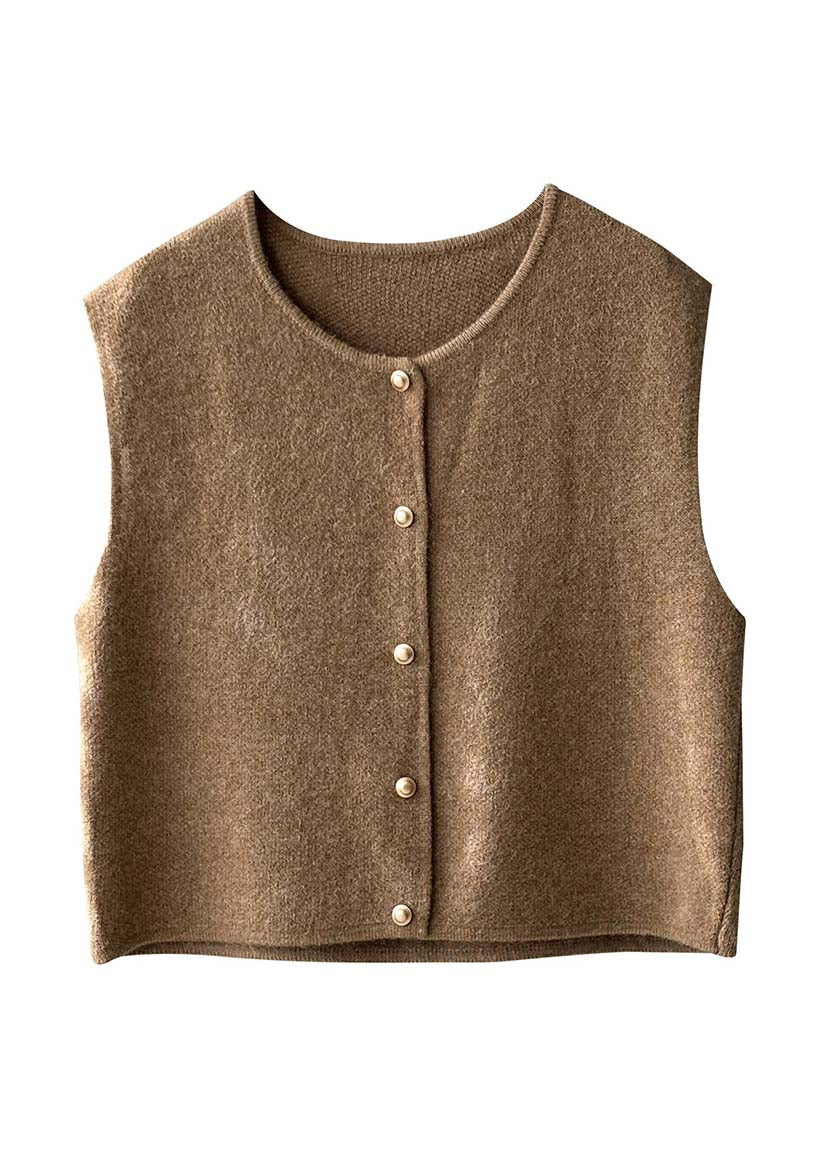 Damen Khaki O-Ausschnitt Knopf Strickweste Tops Ärmellos AF1082