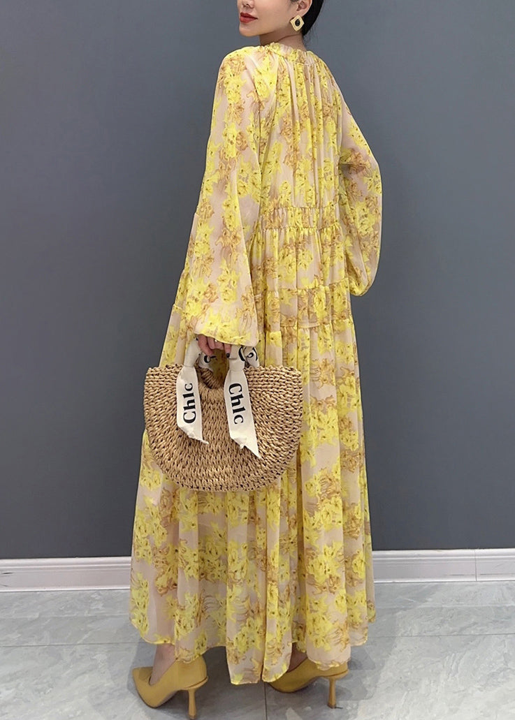 Robe longue en mousseline de soie jaune à volants et col en V grande taille Automne AO1069