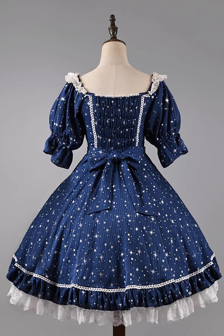 Midsummer Galaxy Star Print Short Sleeve Ruffled Bow Lolita OP Gown