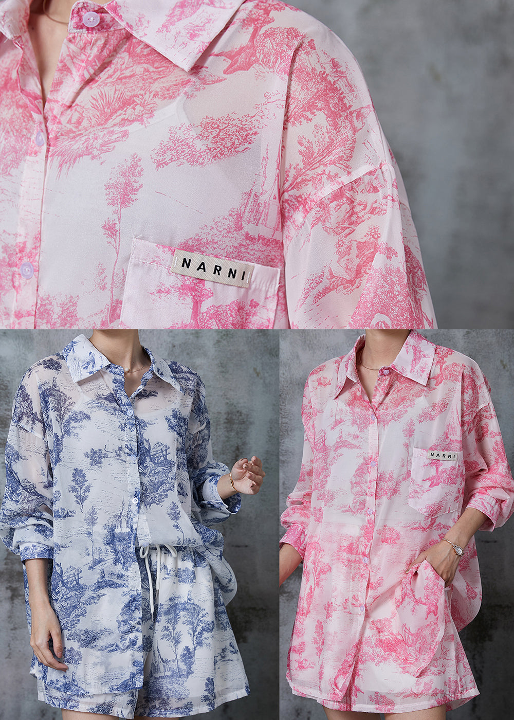 Schlichtes, rosa, übergroßes Chiffon-Zweiteiler-Set mit Druck für den Sommer QA1013