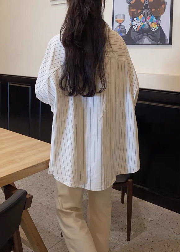 Spring Oversized Shirts Collar Cotton Striped Peter Pan White