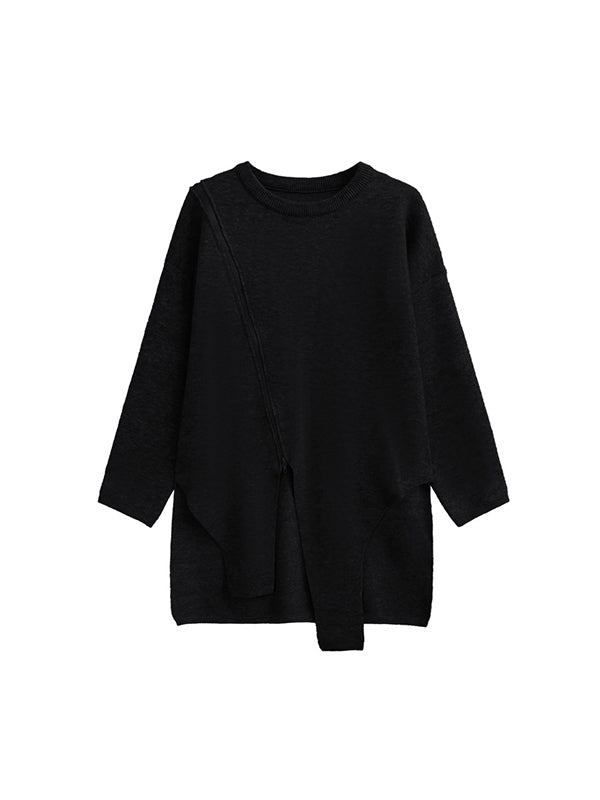 Street Grey Rundhals-Pullover mit Reißverschlussdekor und unregelmäßigem High-Low-Saum und langen Ärmeln AN1067