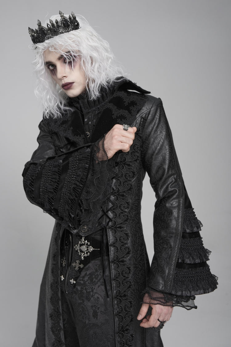 Ebony Flared-Sleeve Floral Crochet Lace-Up Men's Gothic Overcoat