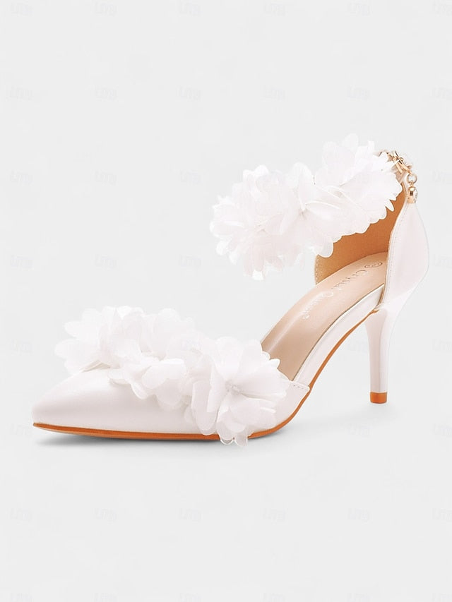 Ankle Women's Heels - Strap Pointed Floral White Elegant