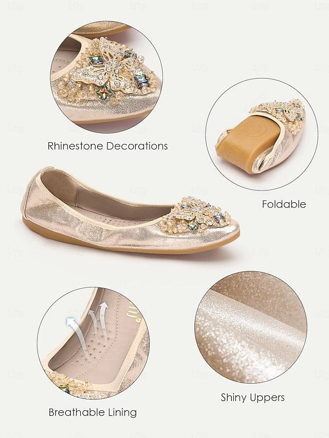 Gold Flats Glitter with Foldable Crystal Women's
