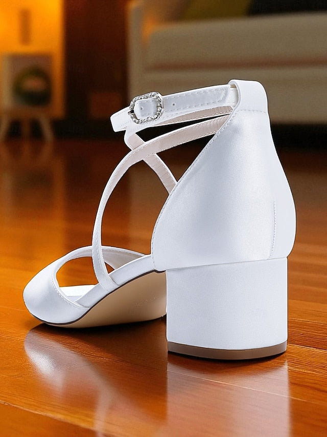 Sandals with Heel Women's Satin Strap Ankle - Elegant Block
