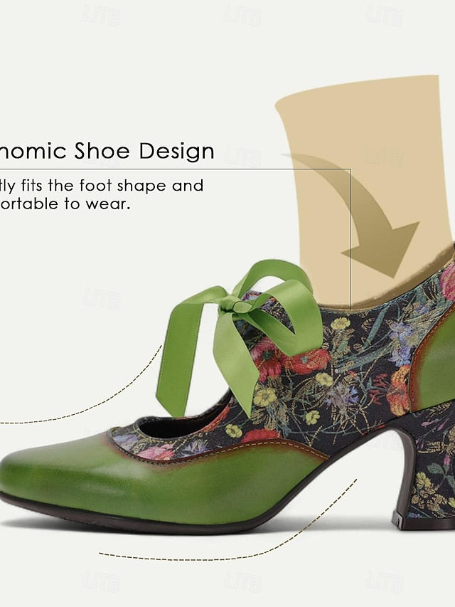 Leather Heels with Green Print Women's Jane Mary Floral