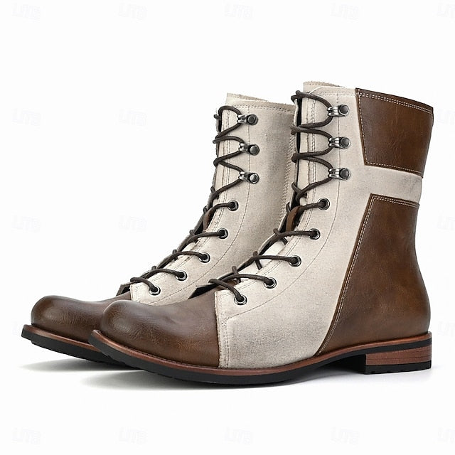 Two-Tone Vintage Boots Leather Lace-Up Faux Men's Mid-Calf